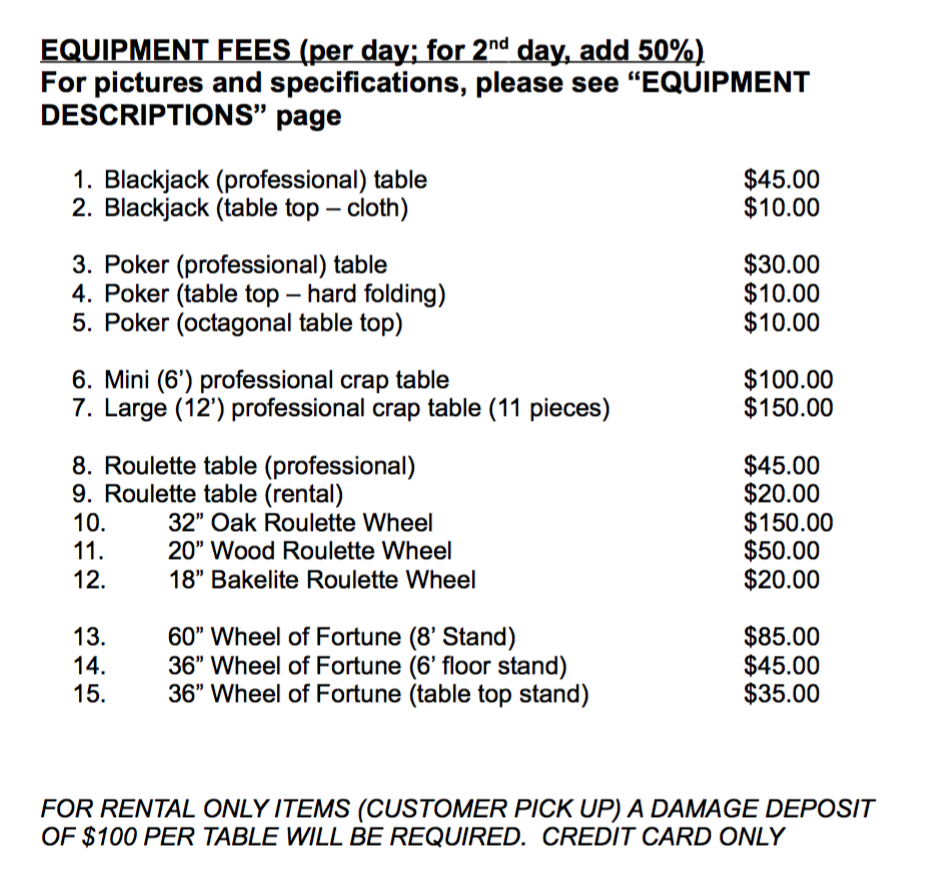 Rental Equipment Price List